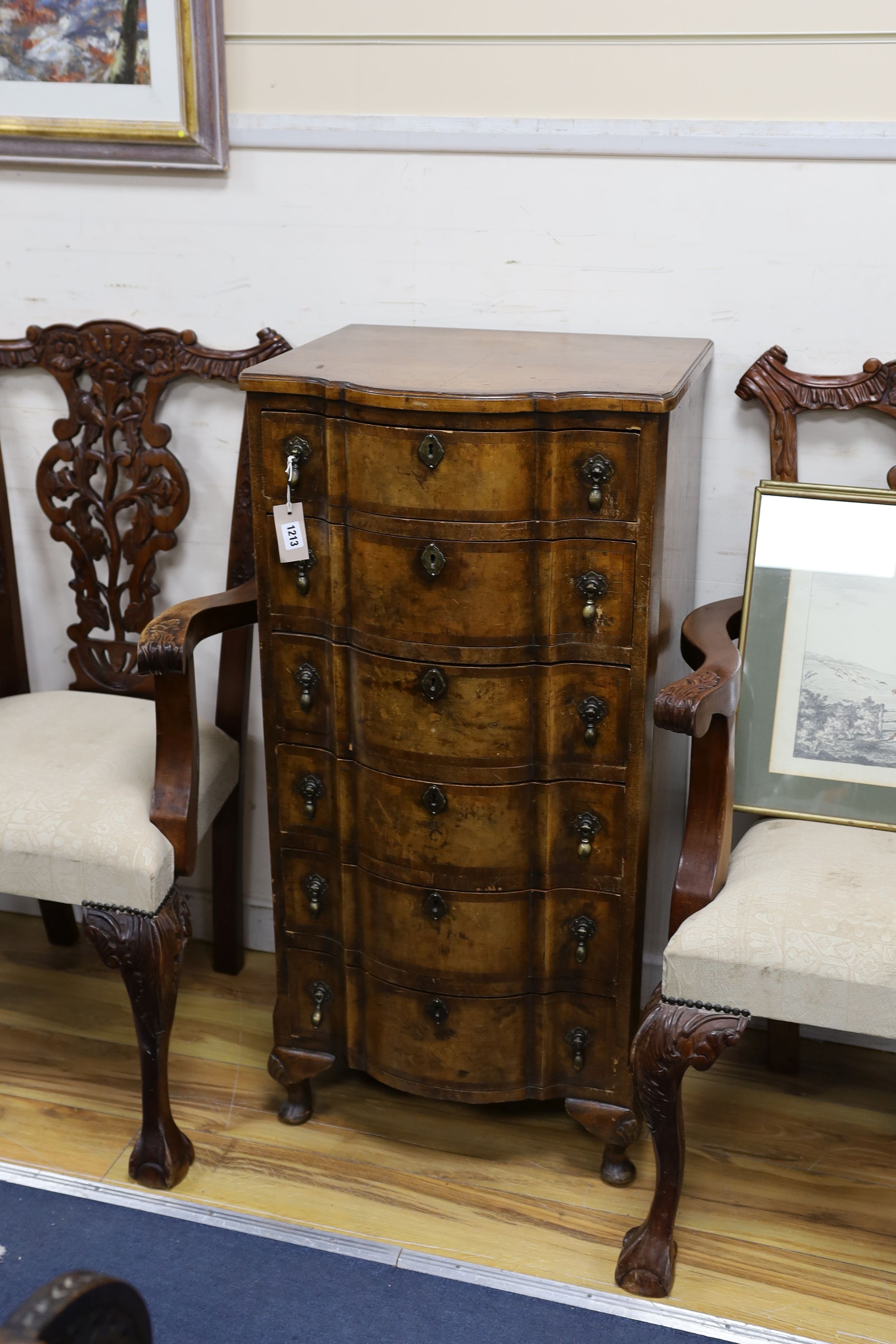 An early 20th century Queen Anne revival banded walnut six drawer tall chest, width 51cm, depth 48cm, height 106cm